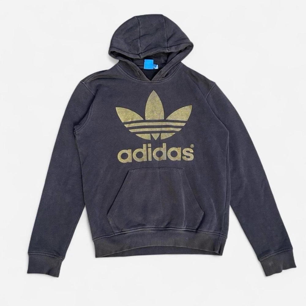 adidas Mens Black Crewneck Hoodie with Gold Trefoil Logo